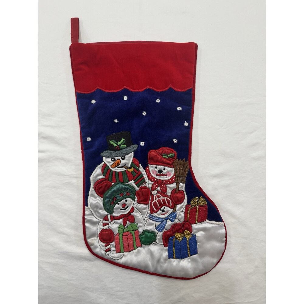 Vintage Blue Velvet Christmas Stocking Snowman Holiday Embroidered